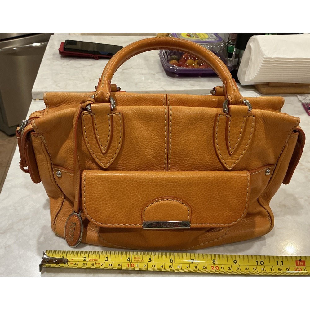 TOD'S Leather Satchel Top Handle Handbag Designer Purse Orange‎